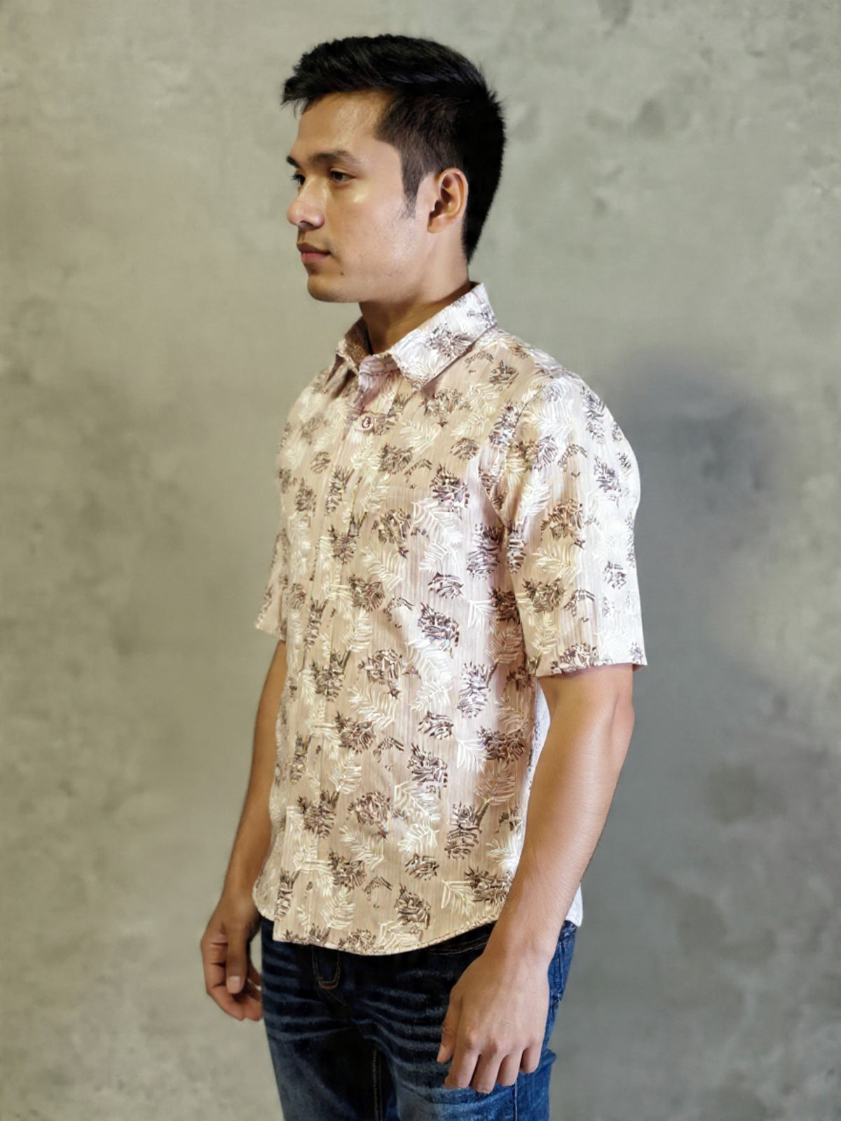 Antler Men’s Full Sleeve Printed Shirt – Beige Leaf Pattern