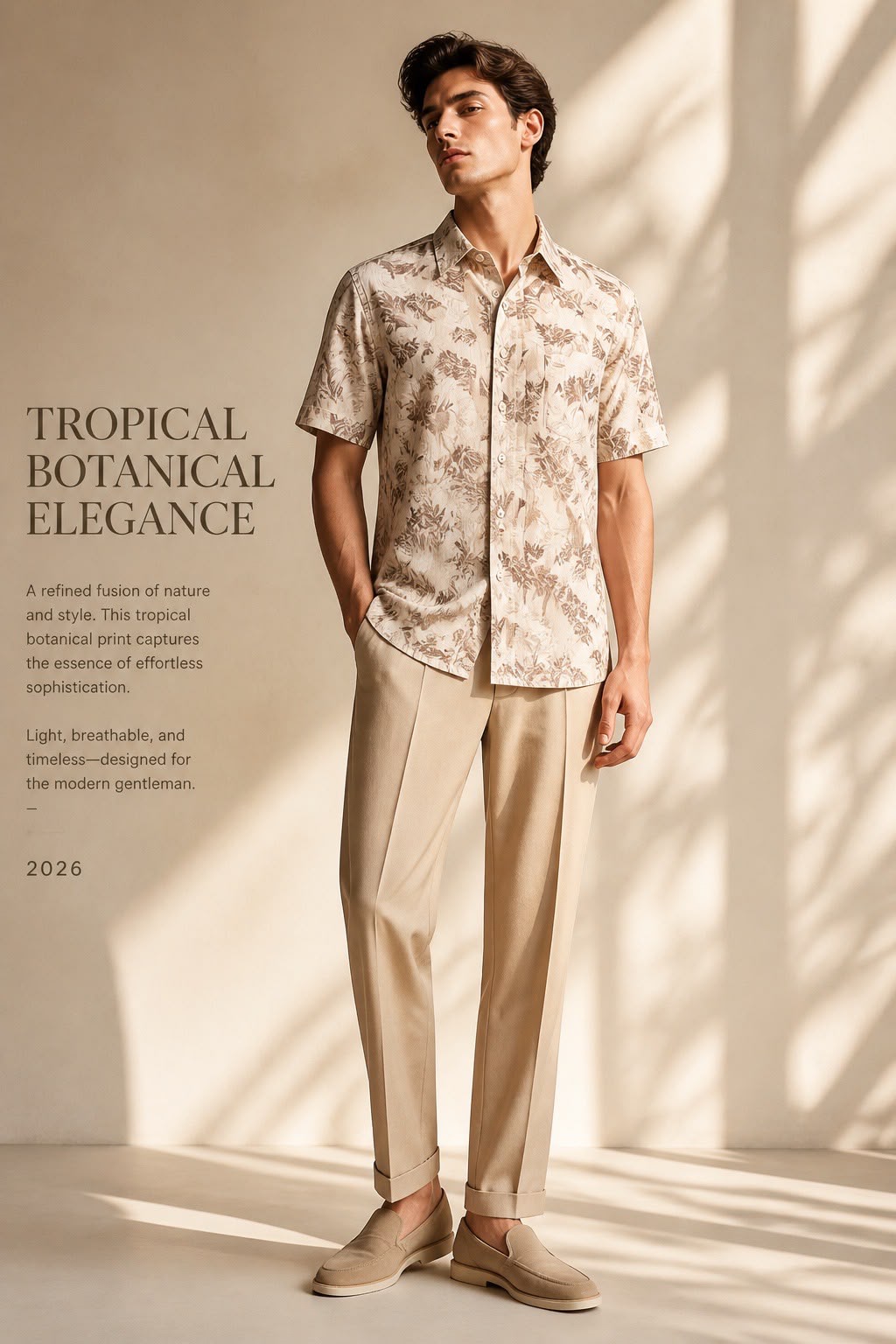 Antler Men’s Printed Shirt – Beige Leaf Pattern