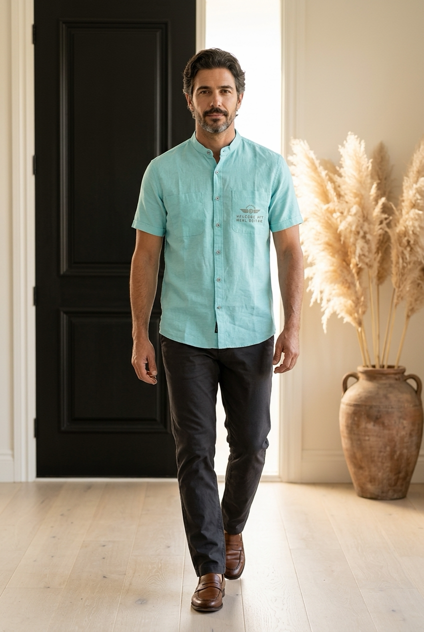 Antler Men’s Half Sleeve Shirt – Aqua Mandarin‑Collar Cotton Blend Shirt