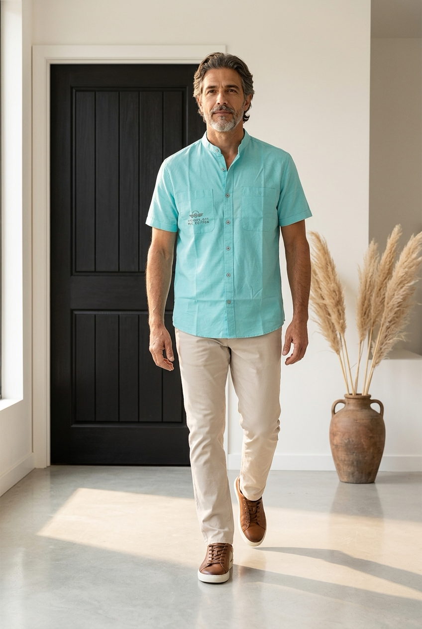 Antler Men’s Half Sleeve Shirt – Aqua Mandarin‑Collar Cotton Blend Shirt