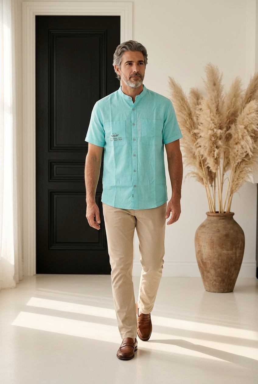 Antler Men’s Half Sleeve Shirt – Aqua Mandarin‑Collar Cotton Blend Shirt