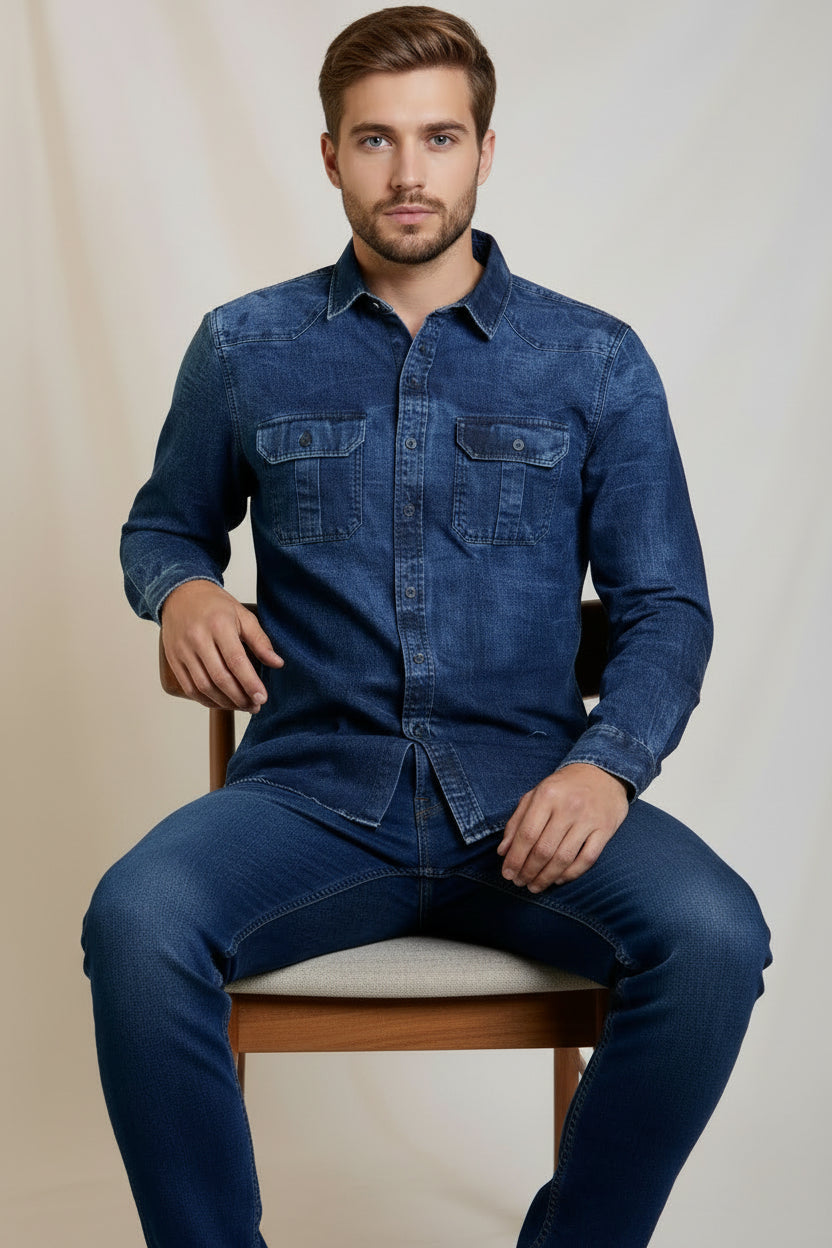 Antler Men’s Full Sleeve Shirt – Blue Denim Premium Casual Shirt