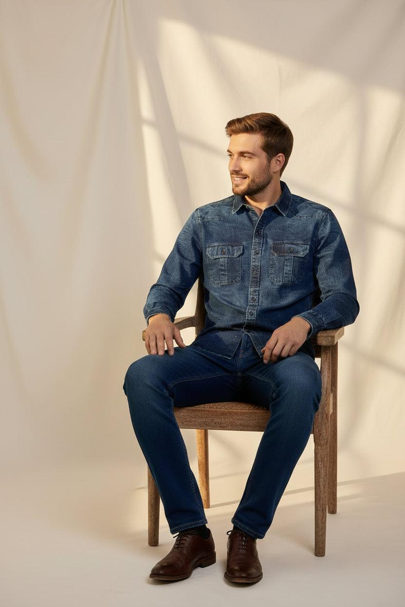 Antler Men’s Full Sleeve Shirt – Blue Denim Premium Casual Shirt