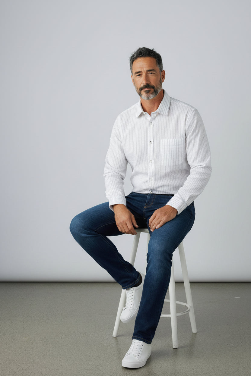 Antler Men’s Full Sleeve Shirt – Black Striped White Shirt